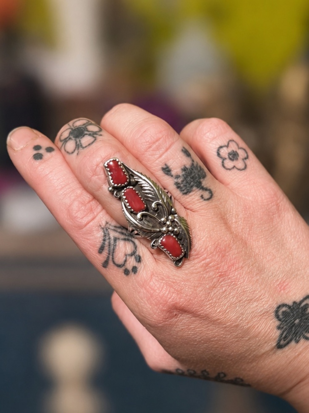 Vintage Henry Sam Navajo Coral and Foliage Sterling Silver Ring